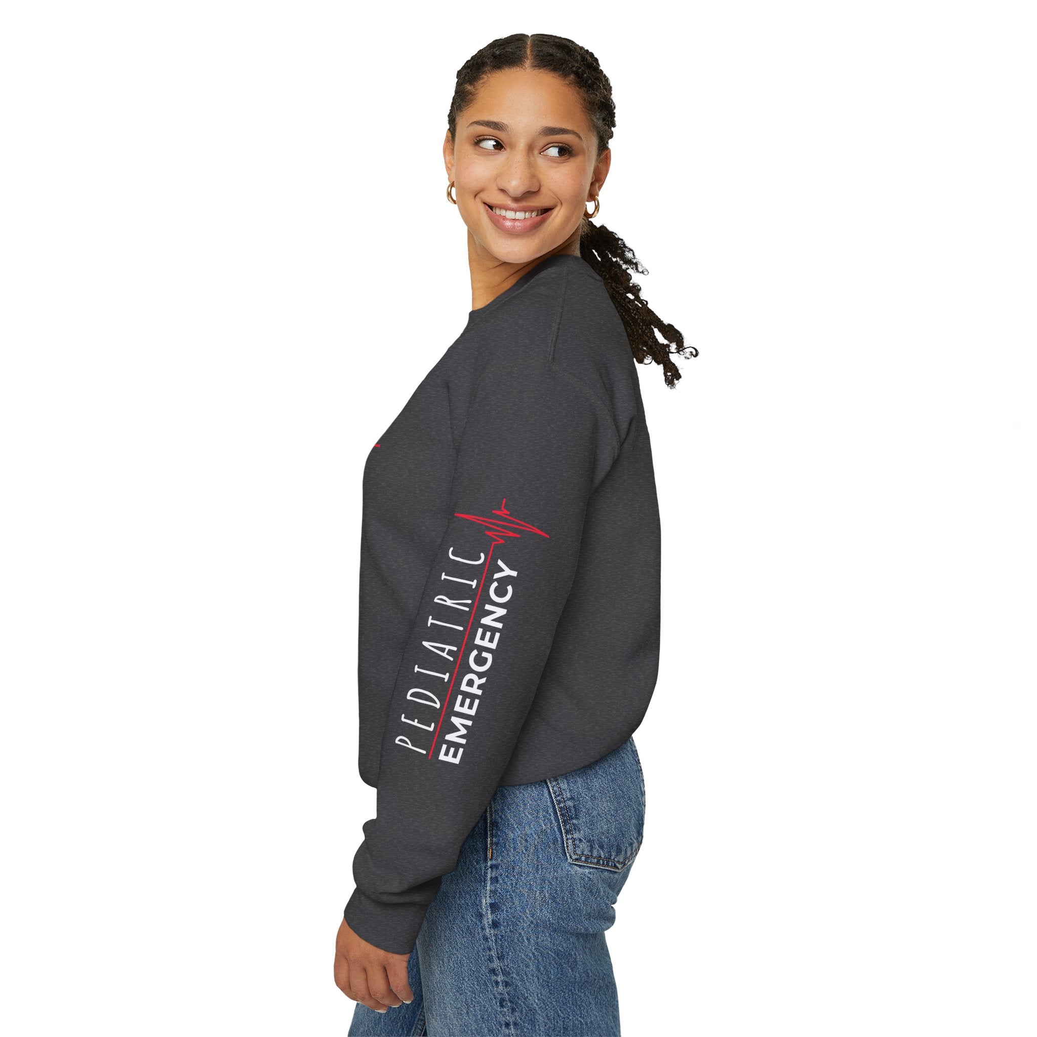 Pediatric Emergency ECG Crewneck Sweatshirt - Chest & Sleeve