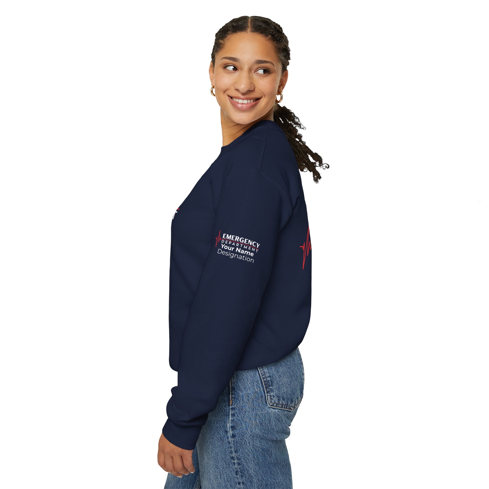 Emergency Department ECG Crewneck Sweatshirt – Front + Back & Personalized Sleeve