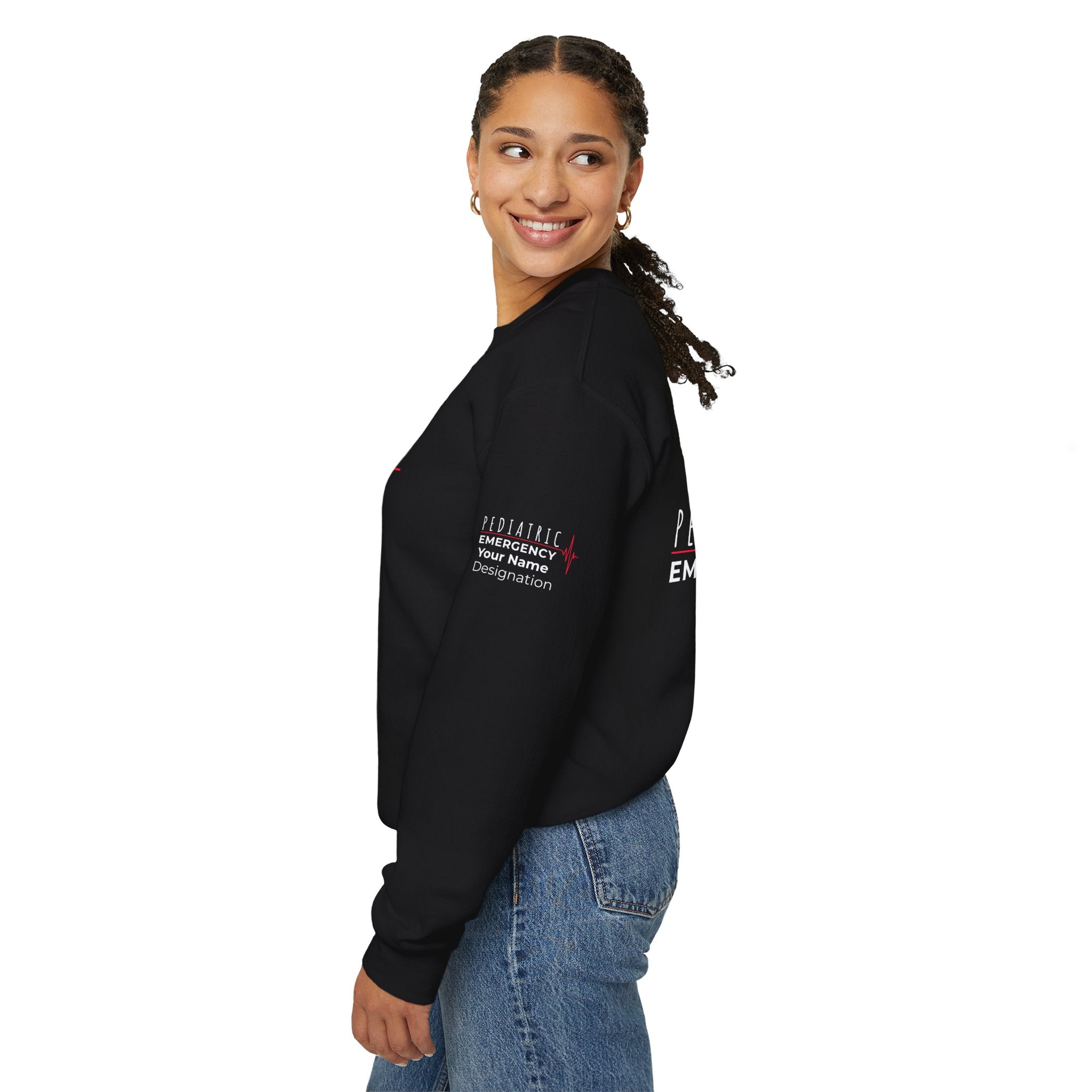Pediatric Emergency ECG Crewneck Sweatshirt – Front + Back & Personalized Sleeve