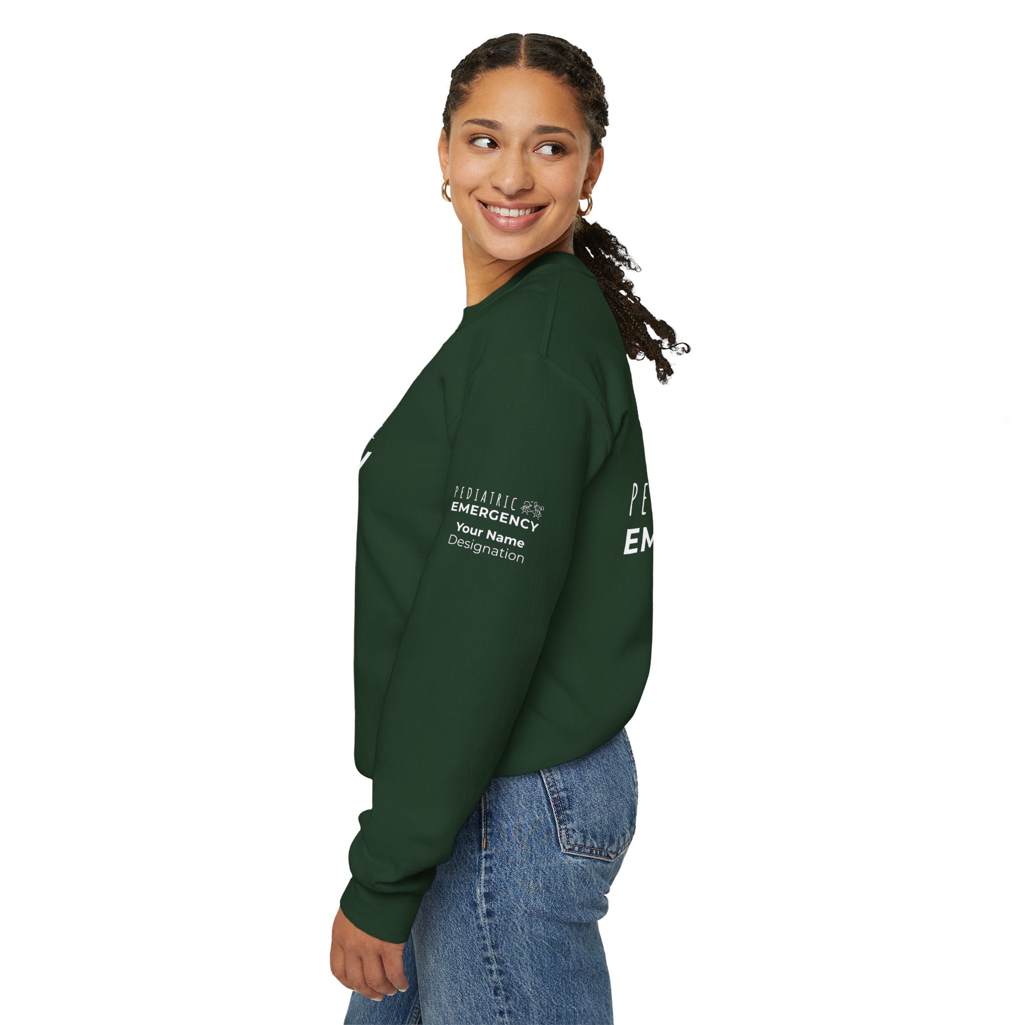 Pediatric Emergency Superhero Crewneck Sweatshirt – Front + Back & Personalized Sleeve