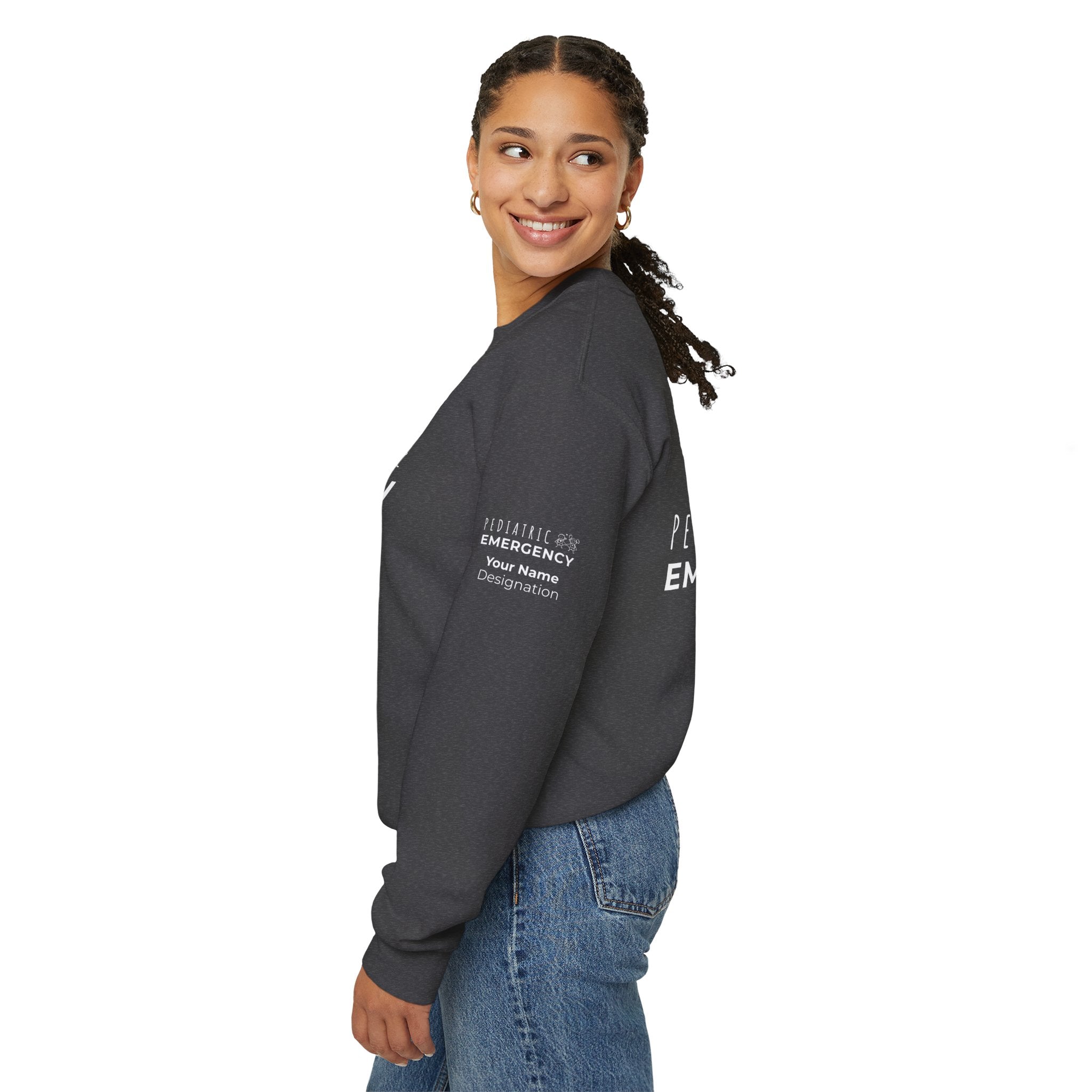Pediatric Emergency Superhero Crewneck Sweatshirt – Front + Back & Personalized Sleeve