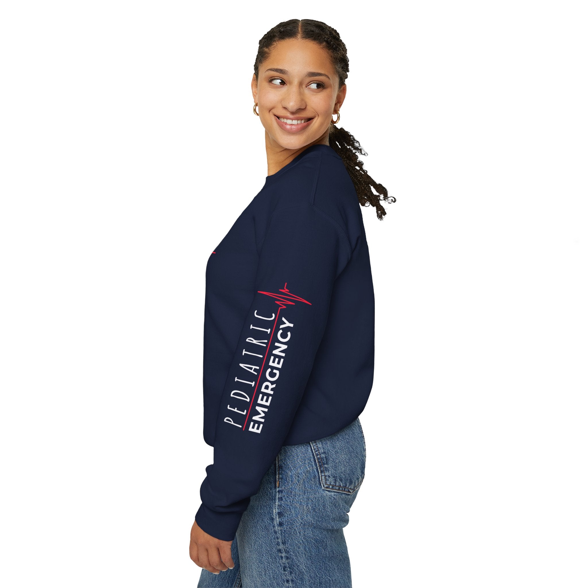 Pediatric Emergency ECG Crewneck Sweatshirt - Chest & Sleeve