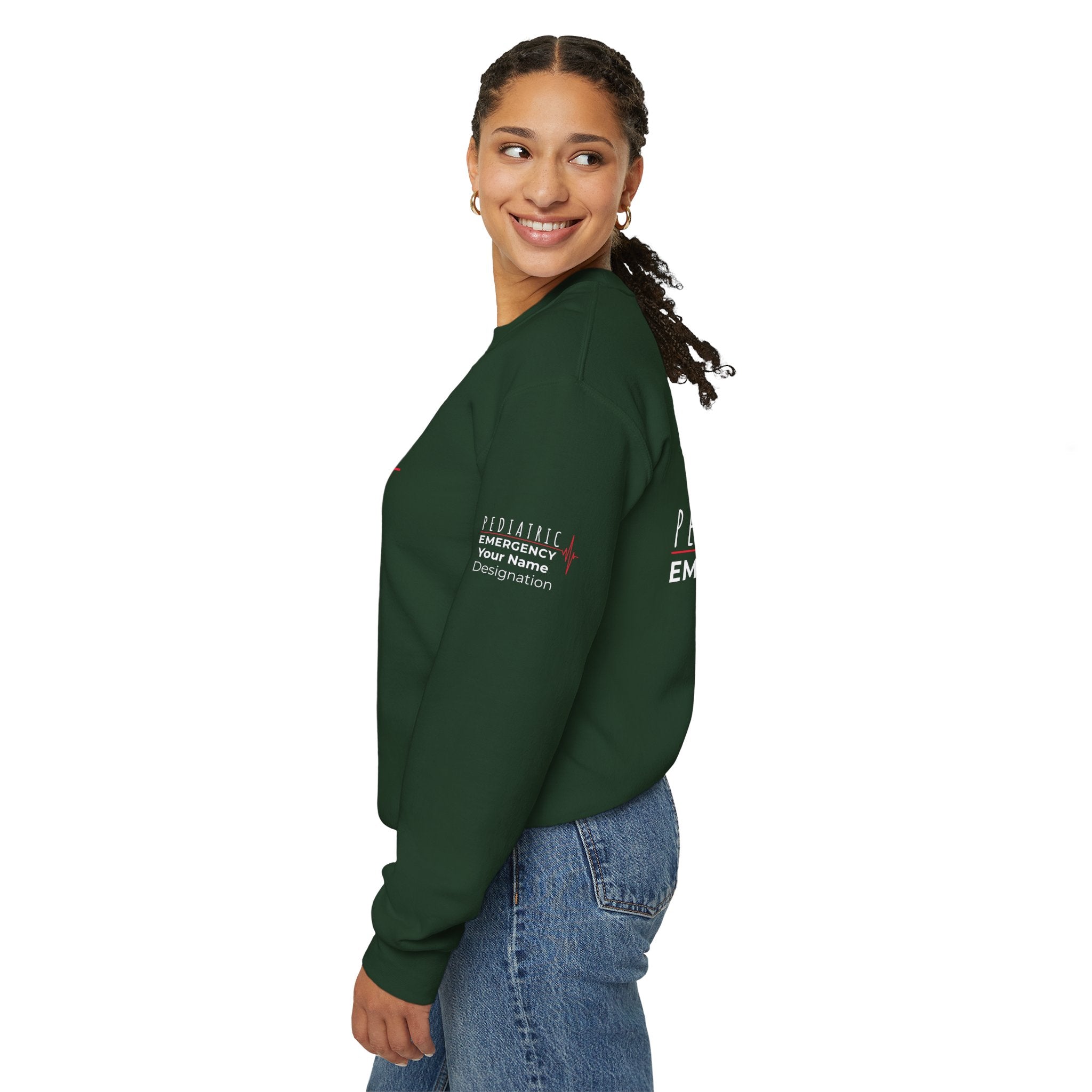 Pediatric Emergency ECG Crewneck Sweatshirt – Front + Back & Personalized Sleeve